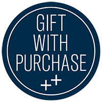 Navy circular logo with text that reads free gift with purchase